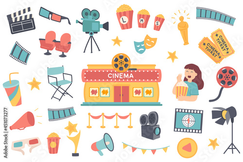 Cinema isolated objects set. Collection of clapper, 3d glasses, camera, popcorn, oscar statuette, tickets, spectator, festival cinematography. Vector illustration of design elements in flat cartoon