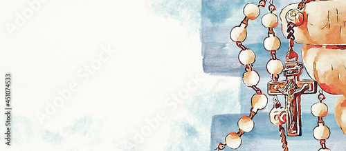 Rosary. Christian banner. Watercolor.