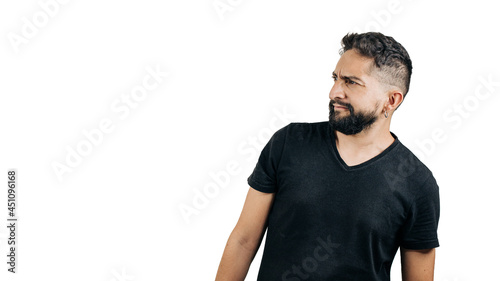 man in black shirt gesturing "I don't know anything" on white background