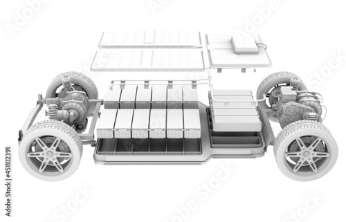 Explode view of electric vehicle chassis equipped with battery pack . 3D clay rendering image.