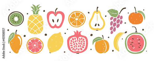 Set of vector flat fruit icons. Bright and juicy hand drawn sticker pack. Healthy food, organic food, diet, vegetarianism and vitamins symbols