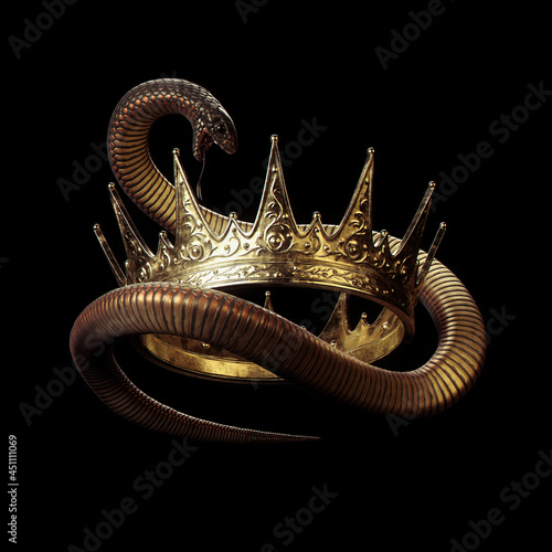 Golden crown with black snake on dark background 