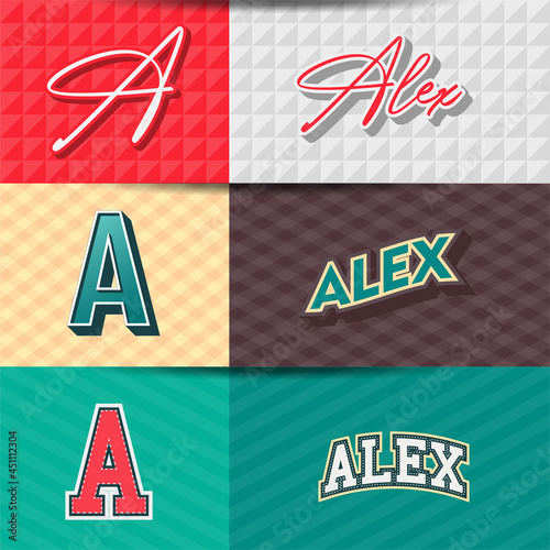 ,Male name,Alex in various Retro graphic design elements, set of vector Retro Typography graphic design illustration