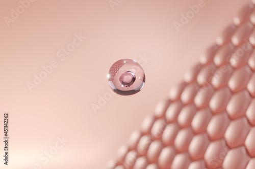 Clear Drop of serum falling to skin cell. Anti aging Collagen or cream. 3D rendering.