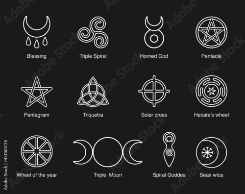 Wiccan and pagan symbols pentagram, triple moon, horned god, triskelion, solar cross, spiral, wheel of the year. Vector stock clipart