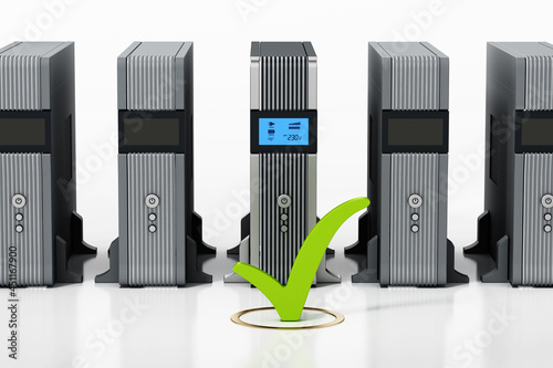 Uninterruptible power supply UPS with green checkmark stands out. 3D illustration