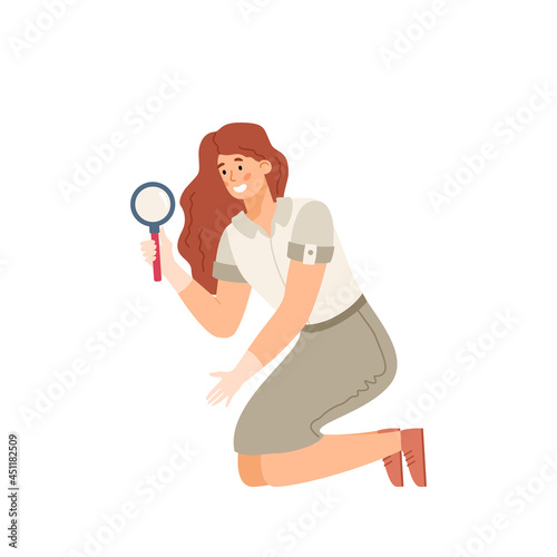 Archaeologist scientist exploring with magnifier, vector illustration isolated.