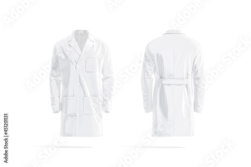 Blank white medical lab coat mockup, front and back view