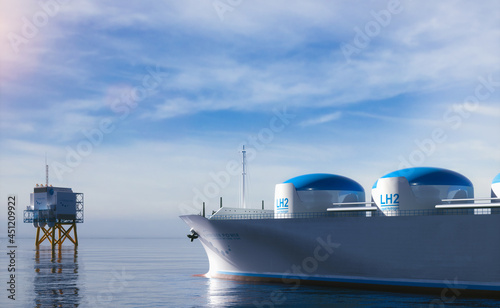 Liqiud Hydrogen renewable energy in vessel - LH2 hydrogen gas for clean sea transportation on ship with composite cryotank for cryogenic gases