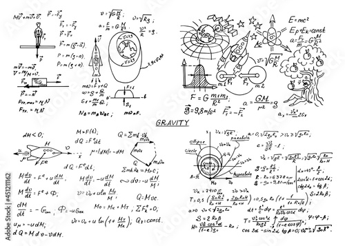 The law of force of gravity. Physical equations, formulas and schemes on whiteboard. Vector hand-drawn illustration. Vintage scientific and educational background.