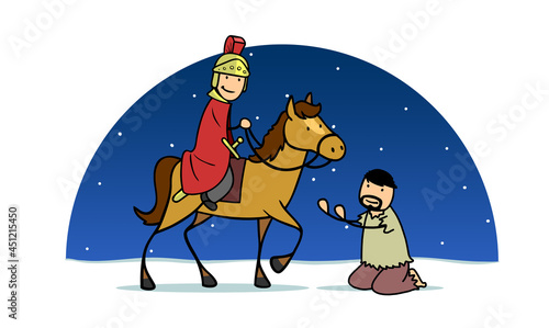 Sankt Martin auf Pferd begegnet Bettler in Winter Nacht