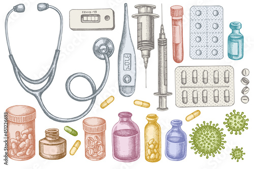 Vector set of hand drawn pastel vial of blood, pills and medicines, medical thermometer, coronavirus rapid test, coronavirus bacteria cell, stethoscope, syringe, vaccine