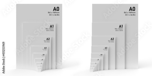 International A series paper size formats from A0 to A8, with black text printed on white textured paper and isolated on a white background. 3D Illustration