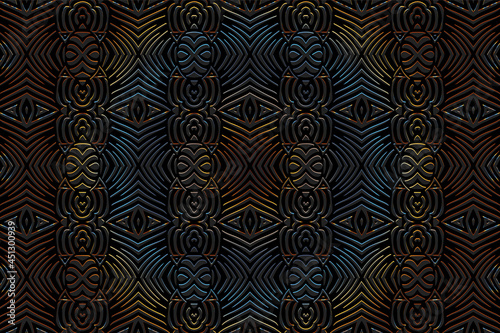 Geometric volumetric convex 3D pattern. Embossed fantasy black background in oriental, indian, mexican, aztec styles. Shiny texture with ethnic decorative ornaments.