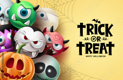 Halloween character vector background design. Happy halloween trick or treat text with scary, spooky and creepy mascot characters in cute facial expression. Vector illustration