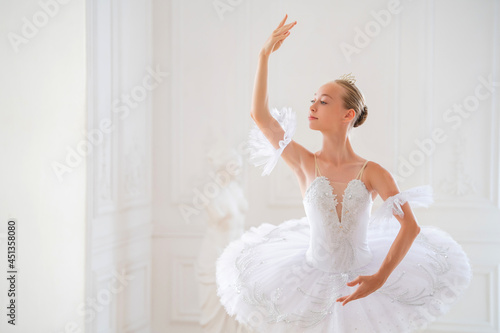 Portrait of young slender ballerina in a white tutu in elegant pose in large beautiful white hall.