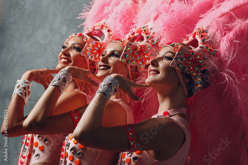 Three Women profile portrait in samba or lambada costume with pink feathers plumage.