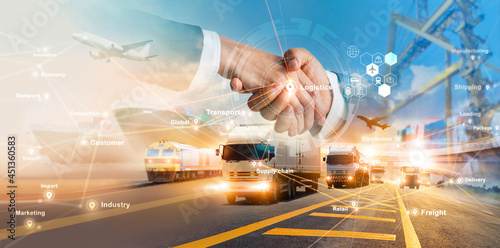 Smart logistics and transportation. Handshake for successful of investment deal teamwork and partnership business partners on logistic global network distribution. Business of transport industrial.