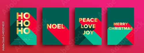 Set of Luxury Christmas Cards - Merry Christmas card set with luxury gold foil typography lettering. Christmas cards or invitation with 'HO HO HO' 'Merry Christmas' ' Noel' 'Peace Love Joy'