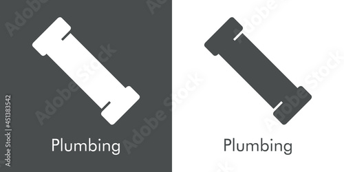 Icono plano con texto Plumbing y silueta de tubería recta en fondo gris y fondo blanco
