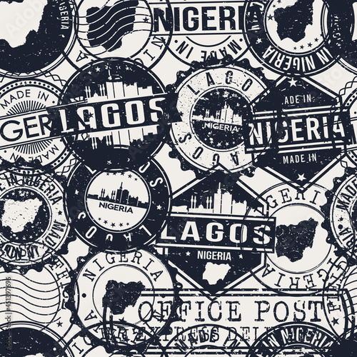 Lagos, Nigeria Stamps Background. A City Stamp Vector Art. Set of Postal Passport Travel. Design Set Pattern.