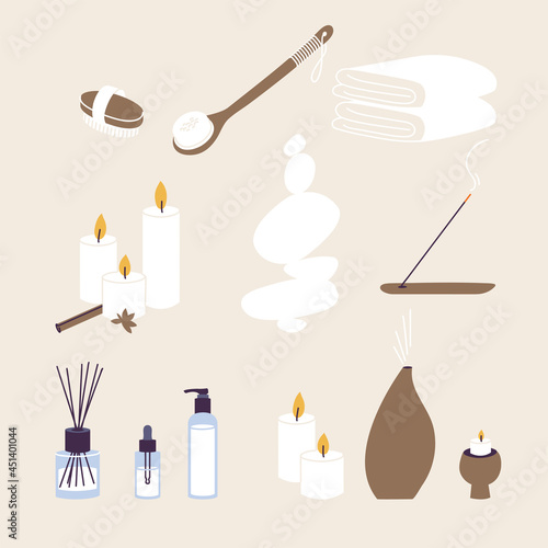 Vector illustration set of organic and natural products for spa and wellness procedure. Aroma sticks and candles with essecial oil, herbal lotion.