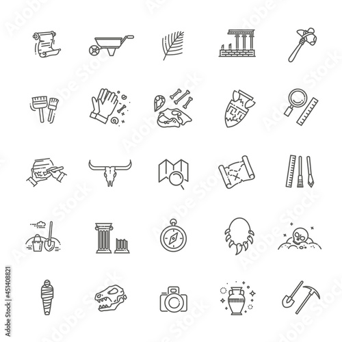 Outline black icons set in thin modern design style, flat line stroke vector symbols - archeology collection