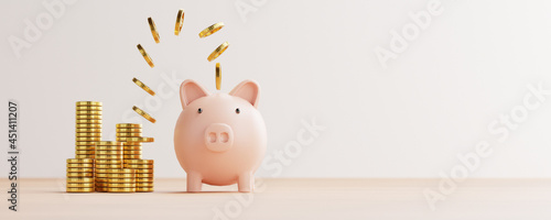 Golden coins flying and floating to piggy bank for creative financial saving and deposit concept with copy space , 3d render.