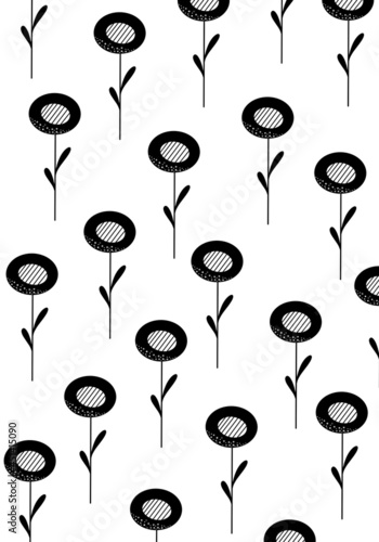 Flower doodle Pattern wallpaper. Black and white botanical Background