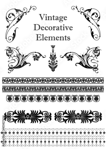Set of vintage decorative elements. Swirls and floral ornaments, borders, corners, dividers. Vector design elements.