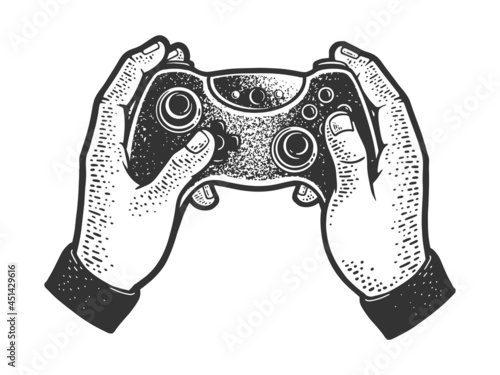 Gamepad joystick controller in hands sketch engraving vector illustration. T-shirt apparel print design. Scratch board imitation. Black and white hand drawn image.