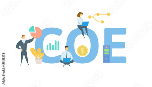 COE, Center of Excellence. Concept with keyword, people and icons. Flat vector illustration. Isolated on white.
