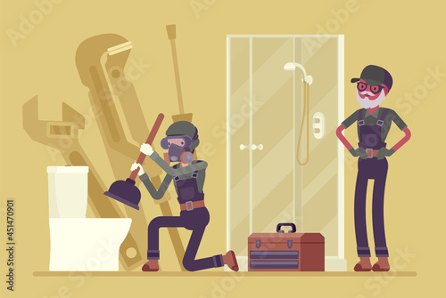 Plumbing services, sewer cleaning, doing emergency repair. Plumbers clear blockages in drains, pipes with plunger, stoppages in toilets, smell or slow flushing problem in bathroom. Vector illustration