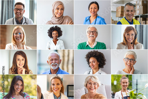 Many happy diverse ethnicity different young and old people group headshots in collage mosaic collection. Lot of smiling multicultural faces looking at camera. Human resource society database concept.