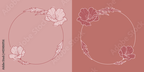 Okrągłe ramki z wzorem kwiatowym w prostym minimalistycznym stylu. Jasne pastelowe szablony z kwiatami - zaproszenia ślubne, życzenia, foto album, tło dla social media stories.