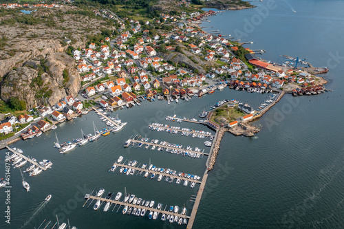 High angle aerial view of coastal town Fjällbacka in Bohuslän Sweden