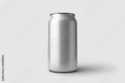 350ml Energy drink soda can mockup template with water droplets, isolated on light grey background. High resolution.