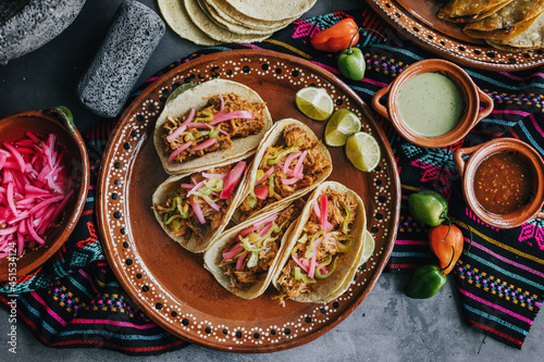 mexican cochinita pibil tacos with habanero sauce traditional food in Yucatan Mexico