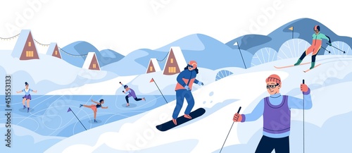 Winter sport. People ski and snowboard on snow slope, athletes in sportswear train at rink, people on ice active poses figure skating, village landscape. Vector concept