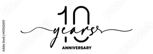 10 years anniversary emblem. Anniversary badge or label. 10th celebration and congratulation design element. One line style. Vector EPS 10. Isolated on background