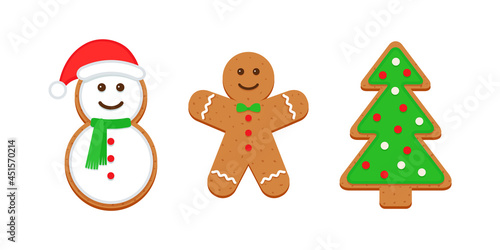 Christmas Gingerbread cookies. Classic Xmas biscuit . Cute ginger bread man, tree and snowman. Vector illustration. Noel holiday sweet desserts isolated on white background.