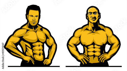 bodybuilder with pose, gym logo, muscle fitness, workout, flat illustration vector