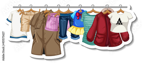 A sticker template of Clothes racks with many clothes on hangers on white background