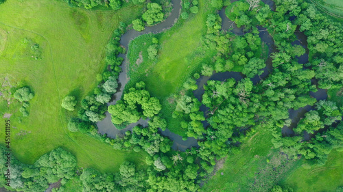 River delta river meander inland dron aerial video shot in floodplain forest and lowlands wetland swamp, quadcopter view flying fly flight show, protected landscape area of Litovelske Pomoravi