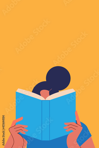 Woman reading a book. Concept on education, self-directed learning. Colorful, flat vector illustration on yellow background. Character design, vertical layout