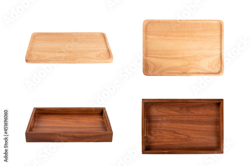 Set of Wooden tray isolated on white background