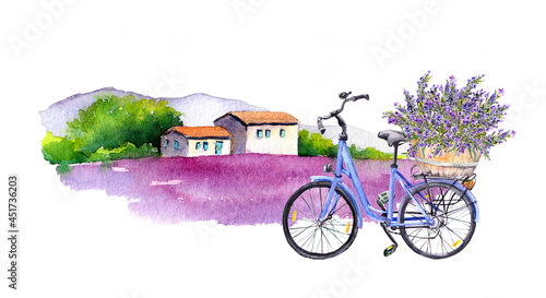 Lavender flowers, bicycle with bouquet in basket, countryside peaceful view with french provencal house, violet lavender field. Watercolor