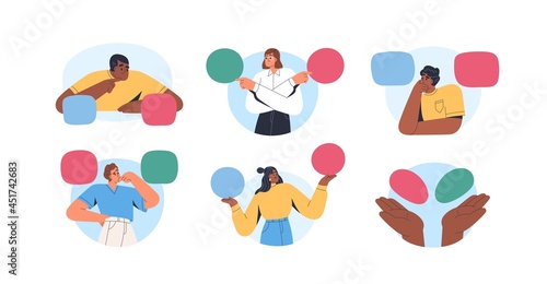 Set of confused pensive people making choice and decision. Men and women doubting, solving problems, choosing between two alternatives. Dilemma concept. Flat vector illustration isolated on white