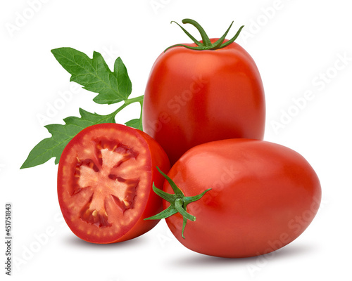 Italian, San Marzano, Plum or Roma Tomatoes with green leaf isolated on white background including clipping path