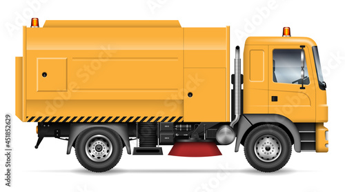Street sweeper truck vector illustration view from side isolated on white background. Road washing and cleaning vehicle mockup. All elements in the groups for easy editing and recolor